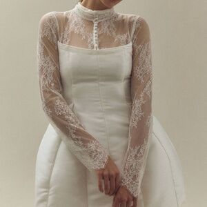 BHLDN Long-Sleeve High-Neck Lace Fit & Flare Mini Dress